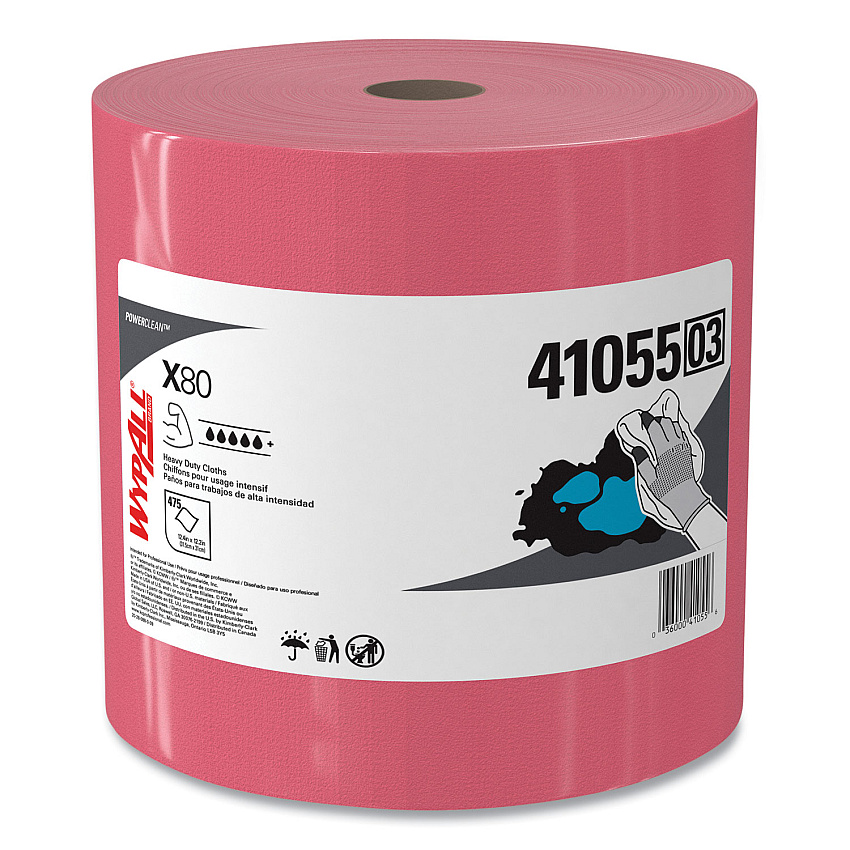 WypAll Power Clean X80 Heavy Duty Cloths, Jumbo Roll, 12.4 x 12.2, Red, 475 Wipers/Roll (41055)