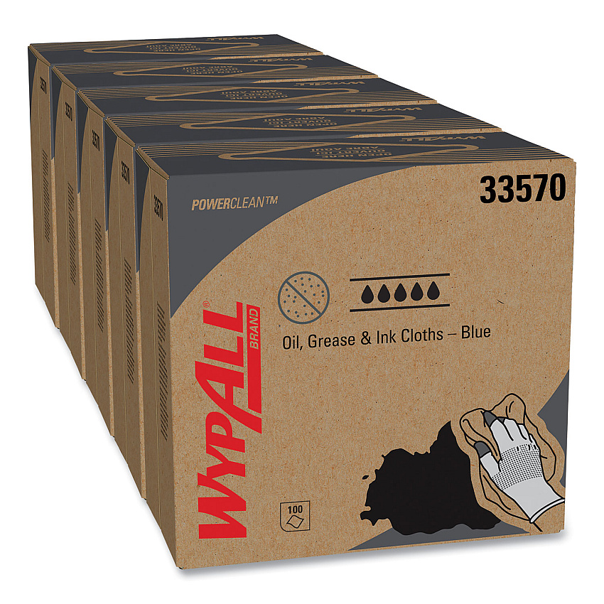 WypAll Power Clean Oil, Grease and Ink Cloths, POP-UP Box, 8.8 x 16.8, Blue, 100/Box, 5/Carton (33570)