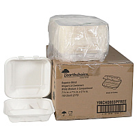 Pactiv EarthChoice PFAS Free Compostable Hinged Lid Container, 3-Compartment, 8 x 8 x 3, Natural, Sugarcane, 150/Carton (YMCH0803PFFR)