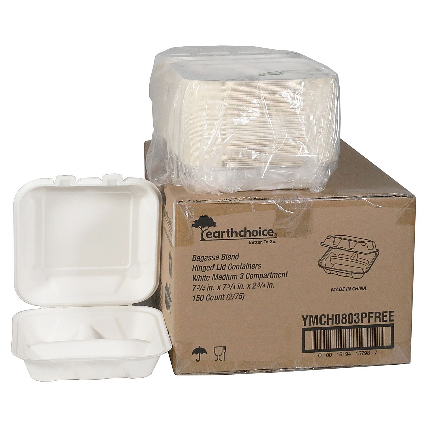 Pactiv EarthChoice PFAS Free Compostable Hinged Lid Container, 3-Compartment, 8 x 8 x 3, Natural, Sugarcane, 150/Carton (YMCH0803PFFR)