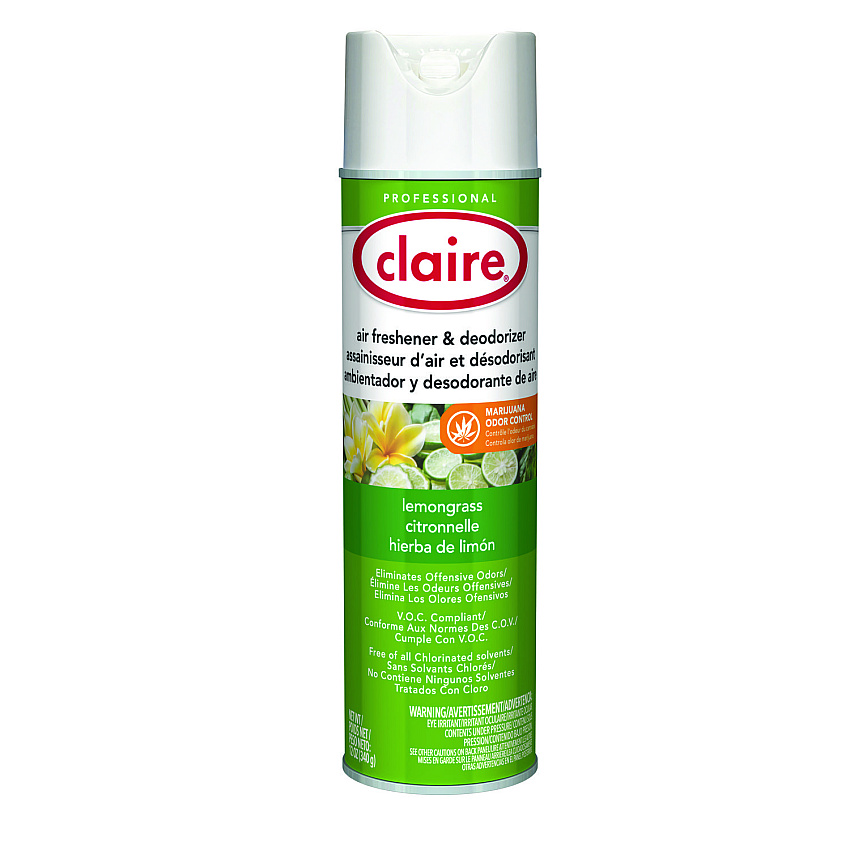 Claire Aerosol Air Freshener and Deodorizer, Lemongrass Citronella, 12 oz Aerosol Spray, 12 Cans (1307)