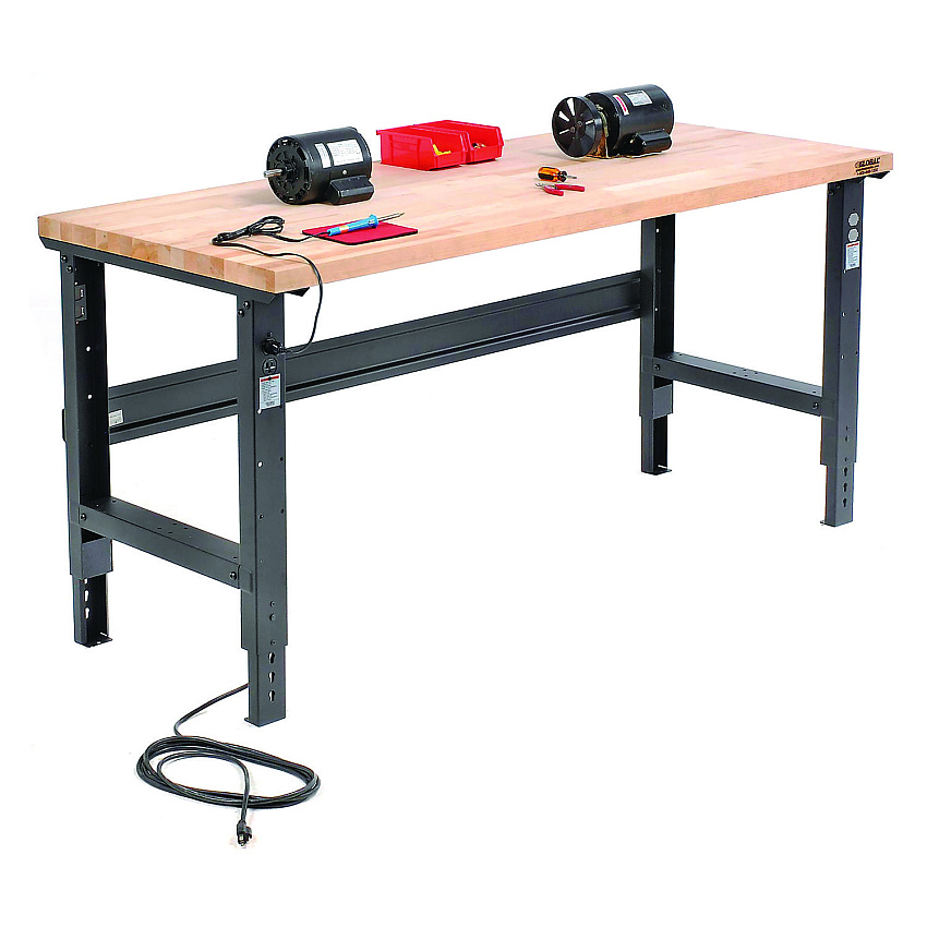 Global Industrial Standard Duty Butcher Block Top Adjustable Height Workbench, 2,000 lbs, 72 x 36 x 30.88 to 36.88, Maple/Black (183169BK)