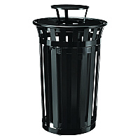 Global Industrial Outdoor Slatted Steel Trash Can, With Access Door and Rain Bonnet Lid, 36 gal, Black (261941BK)