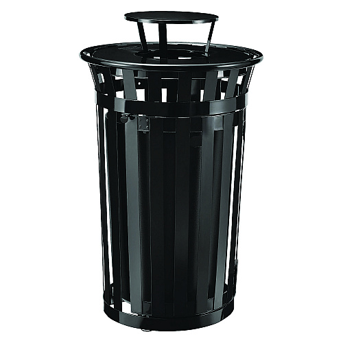 Global Industrial Outdoor Slatted Steel Trash Can, With Access Door and Rain Bonnet Lid, 36 gal, Black (261941BK)