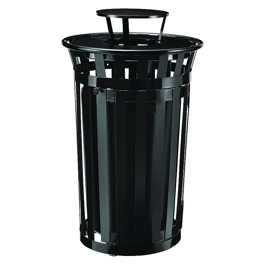 Global Industrial Outdoor Slatted Steel Trash Can, With Access Door and Rain Bonnet Lid, 36 gal, Black (261941BK)