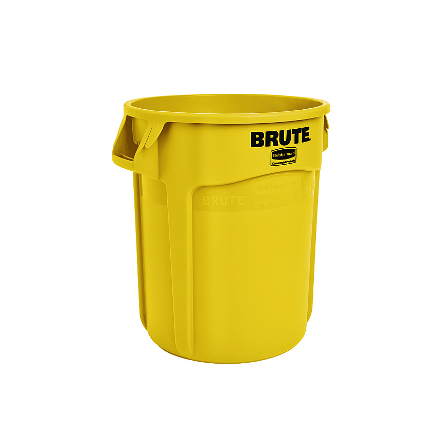 Vented Round Brute Container, 10 gal, Plastic, Yellow