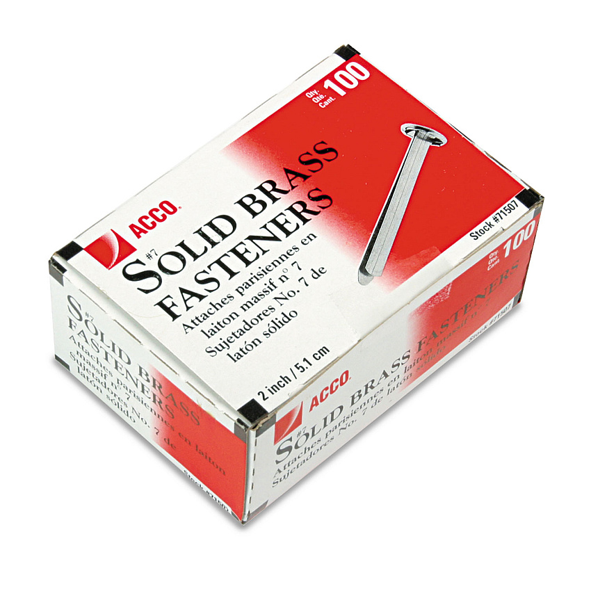 Acco #7 Brass Prong Paper Fasteners, 2" Capacity, Brass, 100/Box (71507)