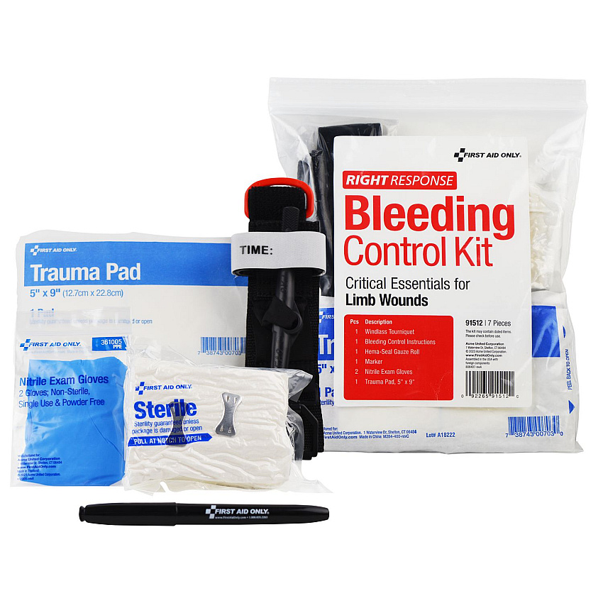 First Aid Only Critical Essentials Bleeding Control Kit for Limb Wounds, 8 Pieces, Plastic Bag (91512)