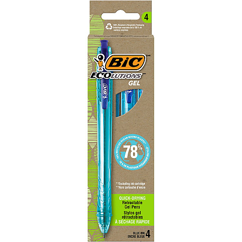 BIC Ecolutions Gel Pen, Retractable, Medium 1 mm, Blue Ink, Blue Barrel, 4/Pack (RGLE4BE)