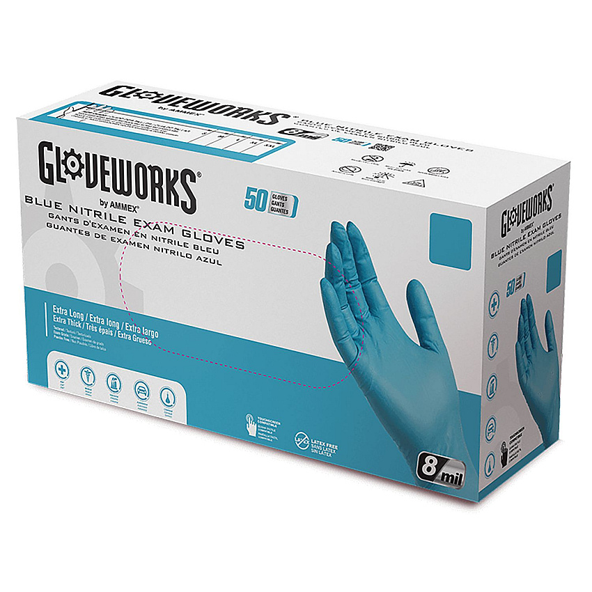GloveWorks by AMMEX Blue Nitrile Exam Gloves, Powder-Free, X-Large, Blue, 8 mil, 50/Box, 10 Boxes/Carton (GPNHD68100)