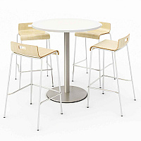 KFI Studios Pedestal Bistro Table with Four Natural Jive Series Barstools, Round, 36" Dia x 41h, Designer White (840031900104)