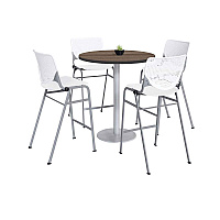 KFI Studios Pedestal Bistro Table with Four White Kool Series Barstools, Round, 36" Dia x 41h, Studio Teak (811774037273)