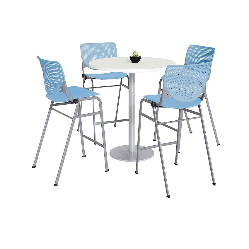 KFI Studios Pedestal Bistro Table with Four Sky Blue Kool Series Barstools, Round, 36" Dia x 41h, Designer White (811774037143)