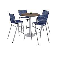 KFI Studios Pedestal Bistro Table with Four Navy Kool Series Barstools, Round, 36" Dia x 41h, Studio Teak (811774037266)