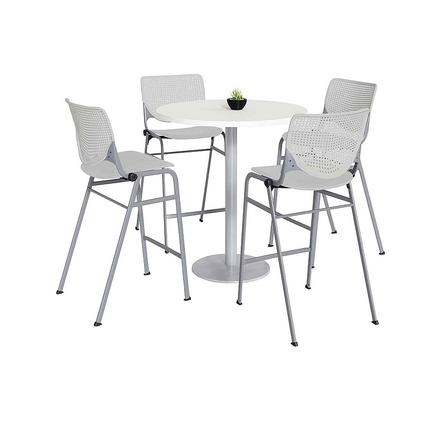 KFI Studios Pedestal Bistro Table with Four Light Gray Kool Series Barstools, Round, 36" Dia x 41h, Designer White (811774037105)