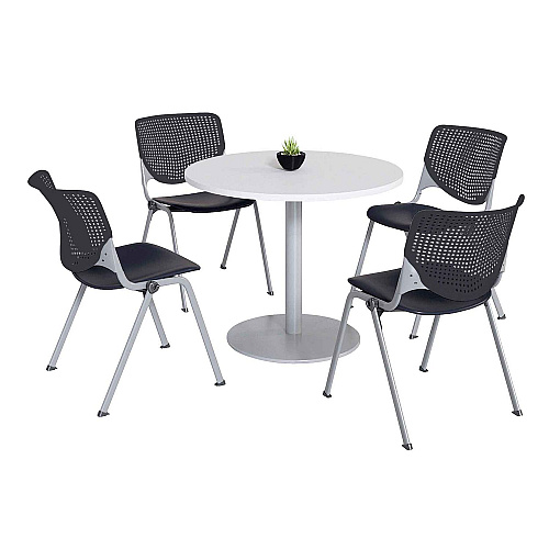 KFI Studios Pedestal Table with Four Black Kool Series Chairs, Round, 36" Dia x 29h, Designer White (811774036696)