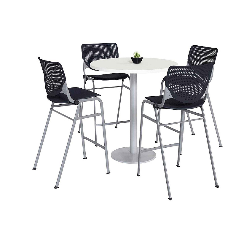 KFI Studios Pedestal Bistro Table with Four Black Kool Series Barstools, Round, 36" Dia x 41h, Designer White (811774037082)