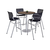 KFI Studios Pedestal Bistro Table with Four Black Kool Series Barstools, Round, 36" Dia x 41h, Studio Teak (811774037280)