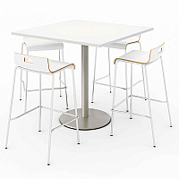 KFI Studios Pedestal Bistro Table with Four White Jive Series Barstools, Square, 36 x 36 x 41, Designer White (811774039918)