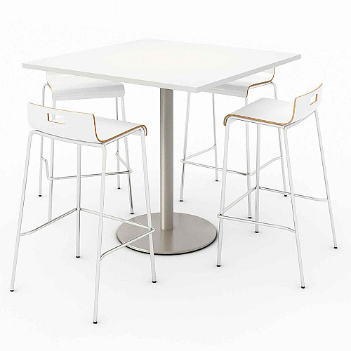 KFI Studios Pedestal Bistro Table with Four White Jive Series Barstools, Square, 36 x 36 x 41, Designer White (811774039918)