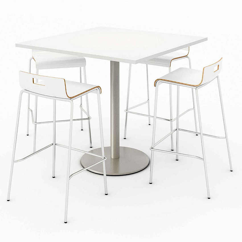 KFI Studios Pedestal Bistro Table with Four White Jive Series Barstools, Square, 36 x 36 x 41, Designer White (811774039918)