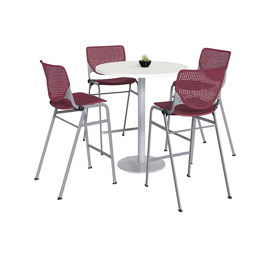 KFI Studios Pedestal Bistro Table with Four Burgundy Kool Series Barstools, Round, 36" Dia x 41h, Designer White (811774037068)