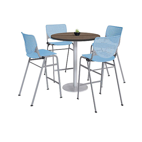 KFI Studios Pedestal Bistro Table with Four Sky Blue Kool Series Barstools, Round, 36" Dia x 41h, Studio Teak (811774037297)