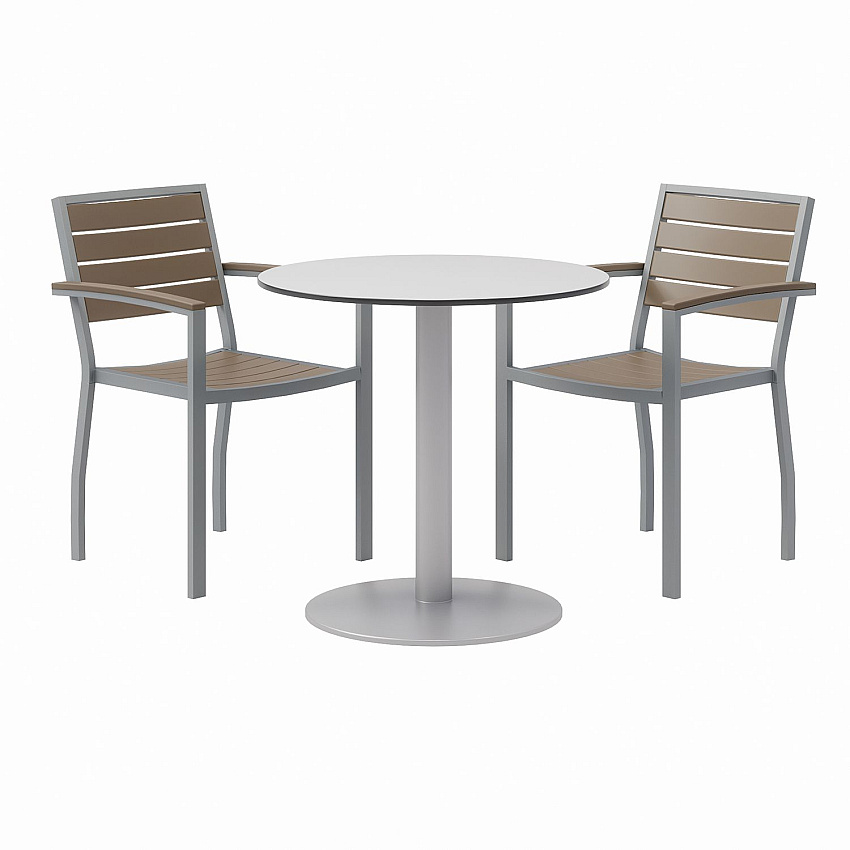 KFI Studios Eveleen Outdoor Patio Table with Two Mocha Powder-Coated Polymer Chairs, 30" Dia x 29h, Gray (840031918444)