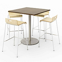 KFI Studios Pedestal Bistro Table with Four Natural Jive Series Barstools, Square, 36 x 36 x 41, Studio Teak (811774039925)