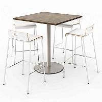 KFI Studios Pedestal Bistro Table with Four White Jive Series Barstools, Square, 36 x 36 x 41, Studio Teak (811774039932)