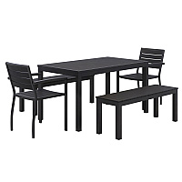 KFI Studios Eveleen Outdoor Patio Table with Two Black Powder-Coated Polymer Chairs and Two Benches, 32 x 55, Gray (840031925152)