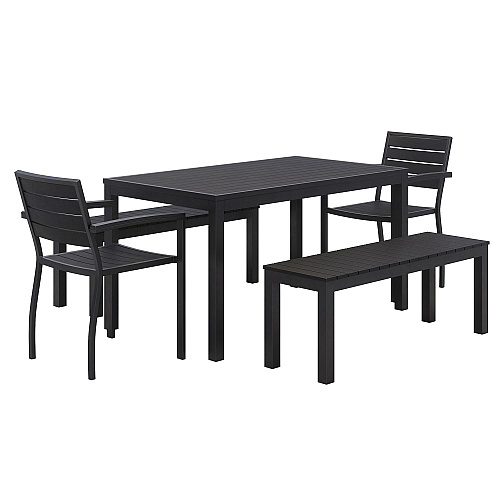 KFI Studios Eveleen Outdoor Patio Table with Two Black Powder-Coated Polymer Chairs and Two Benches, 32 x 55, Gray (840031925152)