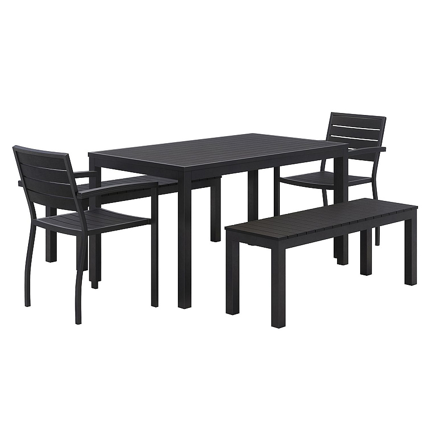 KFI Studios Eveleen Outdoor Patio Table with Two Black Powder-Coated Polymer Chairs and Two Benches, 32 x 55, Gray (840031925152)