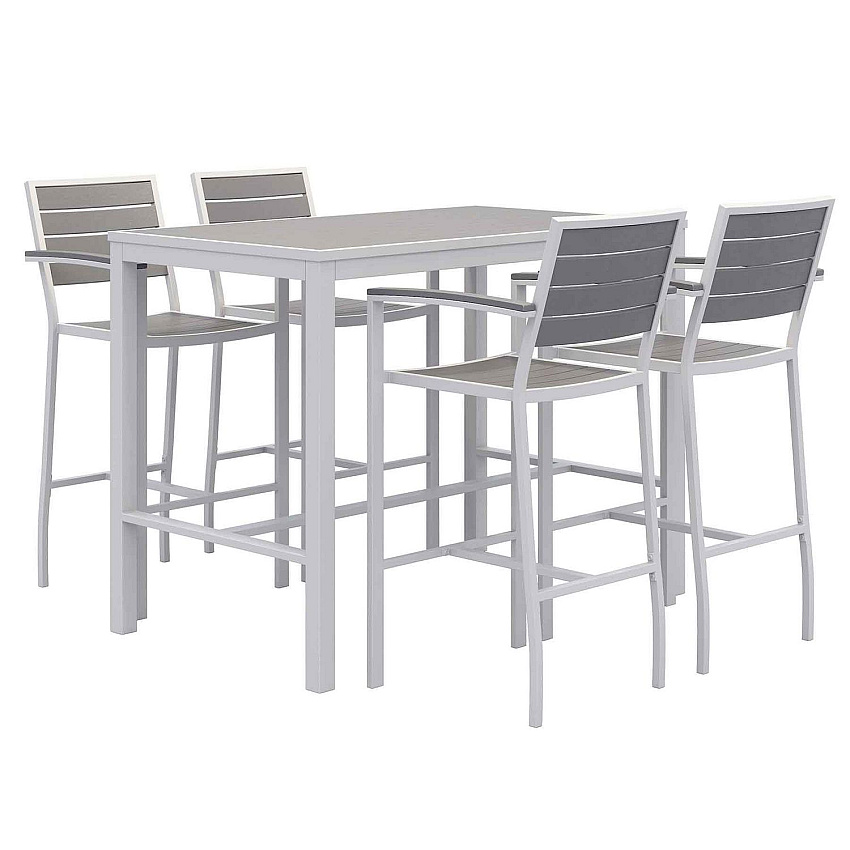 KFI Studios Eveleen Outdoor Bistro Patio Table with Four Gray Powder-Coated Polymer Barstools, 32 x 55, Gray (840031925206)