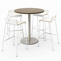 KFI Studios Pedestal Bistro Table with Four White Jive Series Barstools, Round, 36" Dia x 41h, Studio Teak (840031900142)