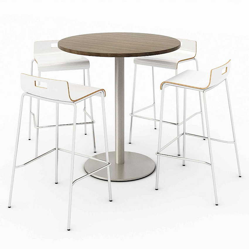 KFI Studios Pedestal Bistro Table with Four White Jive Series Barstools, Round, 36" Dia x 41h, Studio Teak (840031900142)