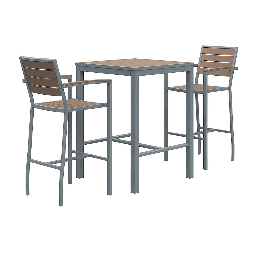 KFI Studios Eveleen Outdoor Bistro Patio Table with Two Mocha Powder-Coated Polymer Barstools, 30" Square, Mocha (840031925251)