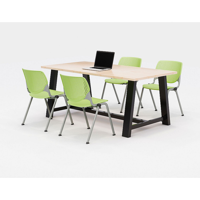 KFI Studios Midtown Dining Table with Four Lime Green Kool Series Chairs, 36 x 72 x 30, Kensington Maple (840031900494)