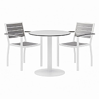 KFI Studios Eveleen Outdoor Patio Table with Two Gray Powder-Coated Polymer Chairs, 30" Dia x 29h, Designer White (840031918451)