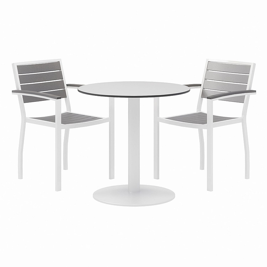 KFI Studios Eveleen Outdoor Patio Table with Two Gray Powder-Coated Polymer Chairs, 30" Dia x 29h, Designer White (840031918451)