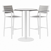 KFI Studios Eveleen Outdoor Bistro Patio Table, Two Gray Powder-Coated Polymer Barstools, Round, 30" Dia x 41h, White (840031918475)