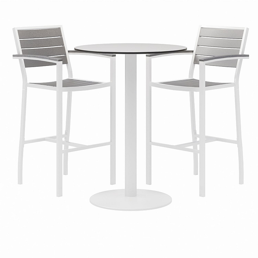 KFI Studios Eveleen Outdoor Bistro Patio Table, Two Gray Powder-Coated Polymer Barstools, Round, 30" Dia x 41h, White (840031918475)