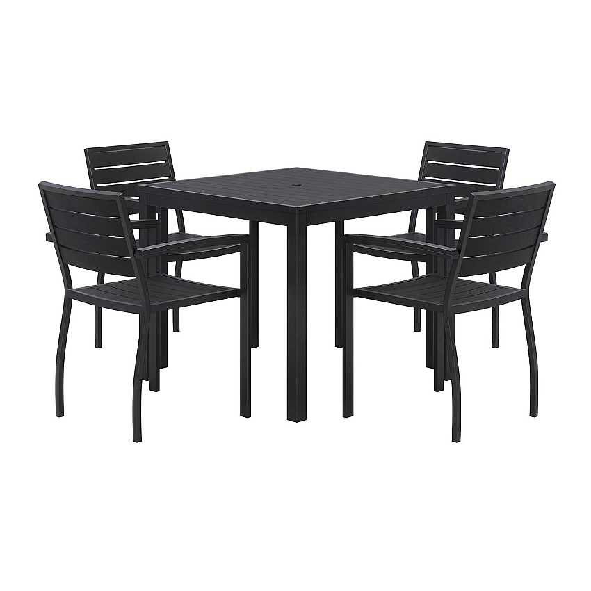 KFI Studios Eveleen Outdoor Patio Table with Four Black Powder-Coated Polymer Chairs, Square, 35", Black (840031925183)