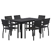 KFI Studios Eveleen Outdoor Patio Table with Six Black Powder-Coated Polymer Chairs, 32 x 55 x 29, Black (840031925244)