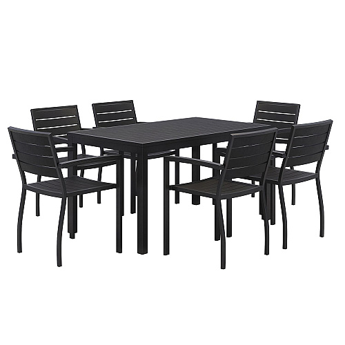 KFI Studios Eveleen Outdoor Patio Table with Six Black Powder-Coated Polymer Chairs, 32 x 55 x 29, Black (840031925244)