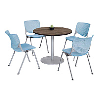 KFI Studios Pedestal Table with Four Sky Blue Kool Series Chairs, Round, 36" Dia x 29h, Studio Teak (811774036900)