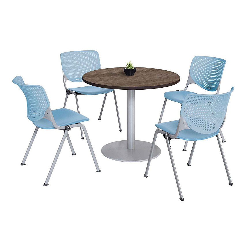 KFI Studios Pedestal Table with Four Sky Blue Kool Series Chairs, Round, 36" Dia x 29h, Studio Teak (811774036900)