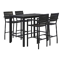 KFI Studios Eveleen Outdoor Bistro Patio Table with Four Black Powder-Coated Polymer Barstools, 32 x 55, Black (840031925213)