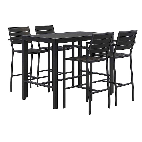 KFI Studios Eveleen Outdoor Bistro Patio Table with Four Black Powder-Coated Polymer Barstools, 32 x 55, Black (840031925213)