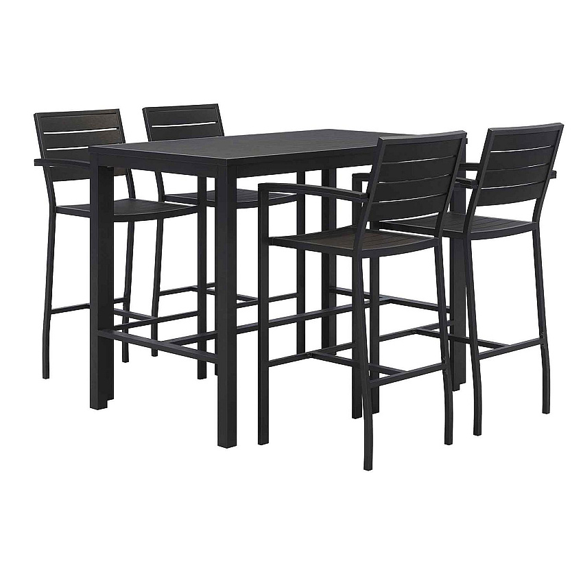 KFI Studios Eveleen Outdoor Bistro Patio Table with Four Black Powder-Coated Polymer Barstools, 32 x 55, Black (840031925213)